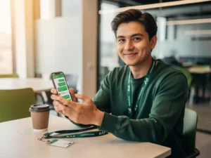 Nieuwe medewerker bekijkt WhatsApp op smartphone aan kantoorpauzetafel, met medewerkerspas en lanyard op de voorgrond.