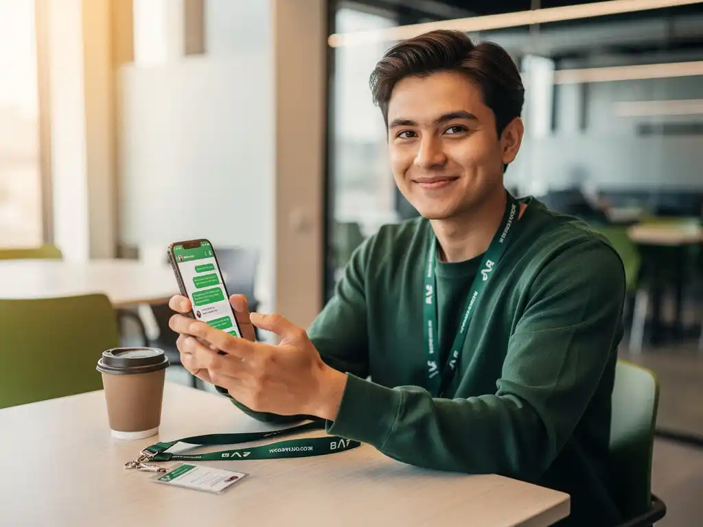 Nieuwe medewerker bekijkt WhatsApp op smartphone aan kantoorpauzetafel, met medewerkerspas en lanyard op de voorgrond.