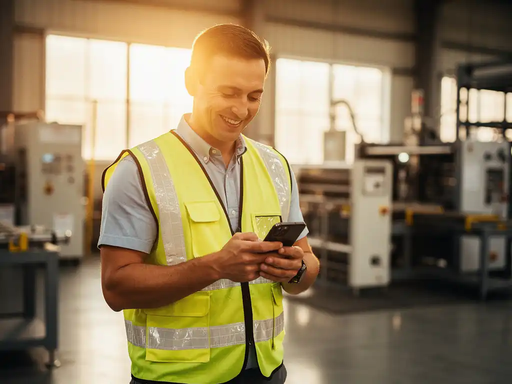 Nieuwe productiemedewerker in veiligheidsvest bekijkt trainingsmodule op smartphone, industriële machines op vage achtergrond.