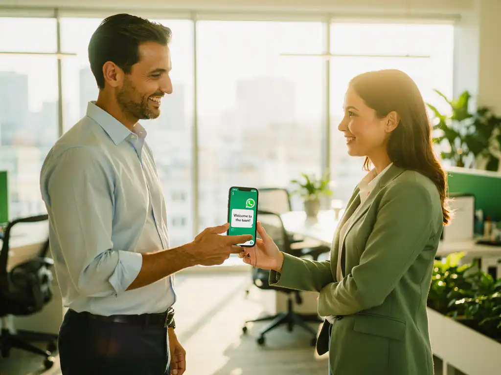 Nieuwe medewerker ontvangt smartphone met onboardingbericht via WhatsApp van manager in licht modern kantoor.