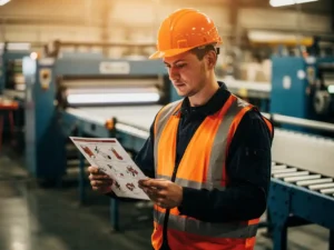 Nieuwe fabrieksmedewerker in veiligheidshelm en -vest bestudeert werkinstructiekaart op drukke productievloer.