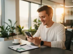 Nieuwe medewerker in modern kantoor leest WhatsApp-bericht op smartphone naast onboarding checklist en koffie.