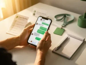 Nieuwe medewerker houdt smartphone met WhatsApp-gesprek, omringd door checklist, lanyard en notitieblok op wit bureau.