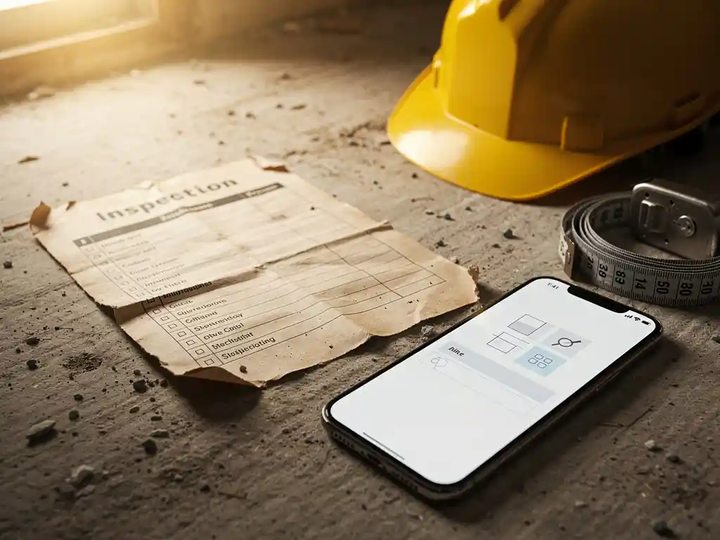 Paper inspection checklist on dusty concrete floor beside smartphone with digital form, yellow hard hat and measuring tape nearby.