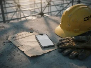 Verouderd papieren inspectielijst naast smartphone met digitaal formulier op betonnen ondergrond, gele bouwhelm en werkhandschoenen erbij.