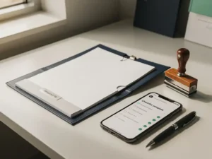 Open personeelsdossier op kliniekbureau naast smartphone met voltooide checklist, pen en stempel, zachte natuurlijke belichting.