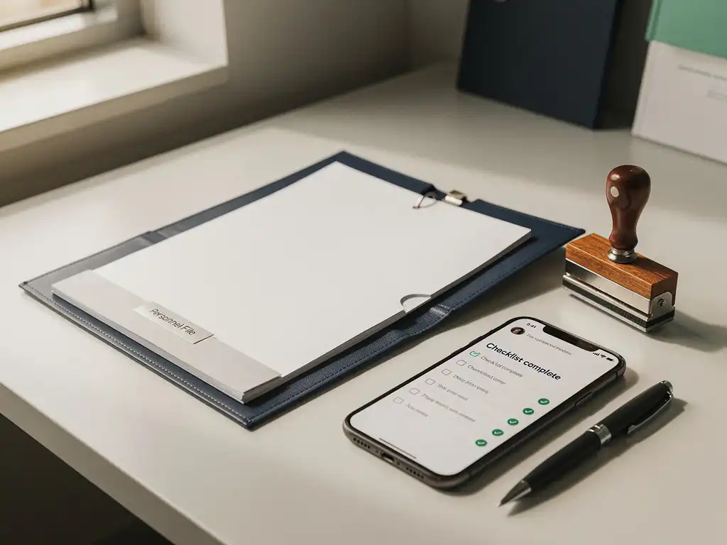 Open personeelsdossier op kliniekbureau naast smartphone met voltooide checklist, pen en stempel, zachte natuurlijke belichting.