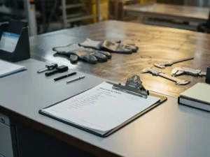 Safety clipboard with formal checklist on office desk, blurred industrial gloves and calipers on worn steel surface in background.