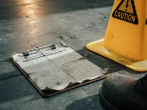 Worn safety clipboard with completed inspection checklist on concrete warehouse floor beside a yellow caution cone, work boot visible at frame edge.
