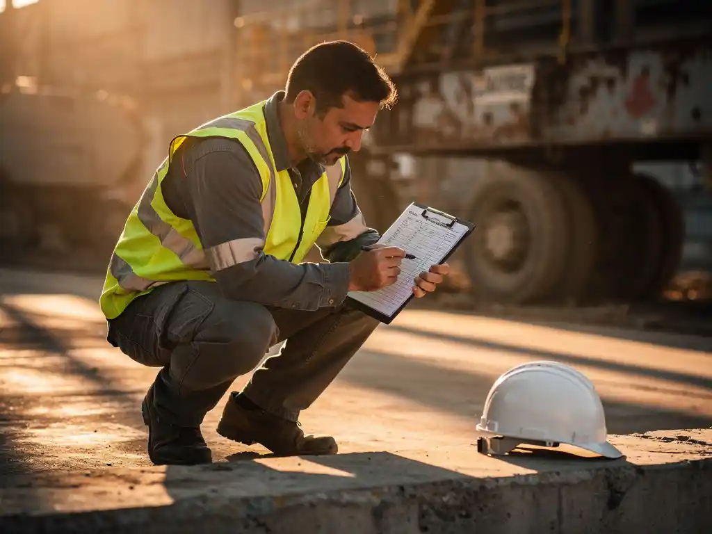 Safety inspector in high-visibility vest crouching to review clipboard checklist on industrial job site at golden hour.