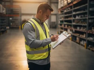 Safety inspector in high-visibility vest reviewing a workplace checklist on a clipboard inside a modern warehouse facility.