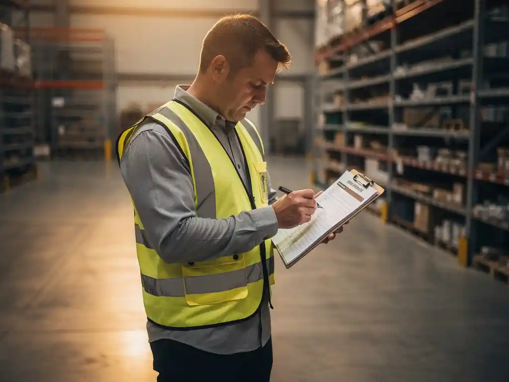 Safety inspector in high-visibility vest reviewing a workplace checklist on a clipboard inside a modern warehouse facility.