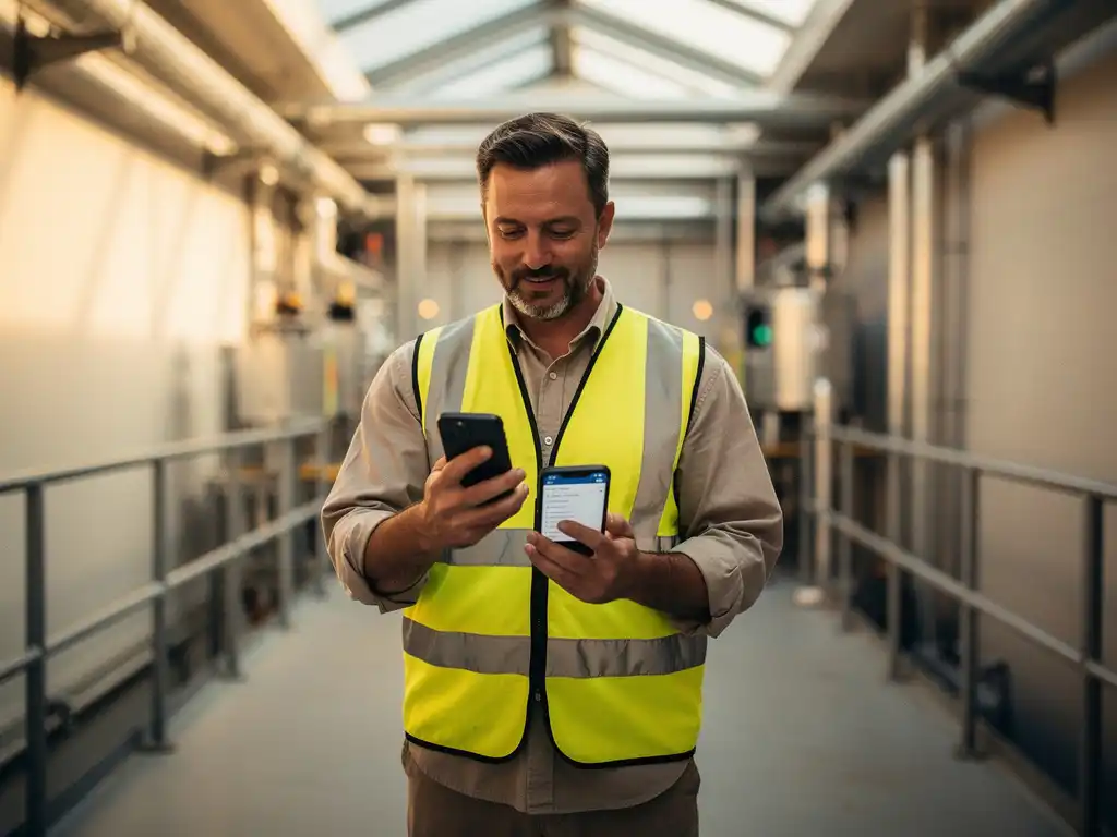 Safety team member in a high-visibility vest reviewing a digital inspection checklist on a smartphone inside an industrial facility corridor.