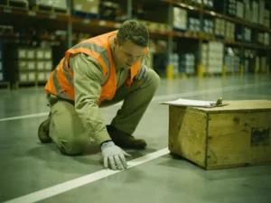 Safety inspector in high-visibility vest crouching to examine industrial floor markings, clipboard on nearby crate, organized warehouse shelving in background.