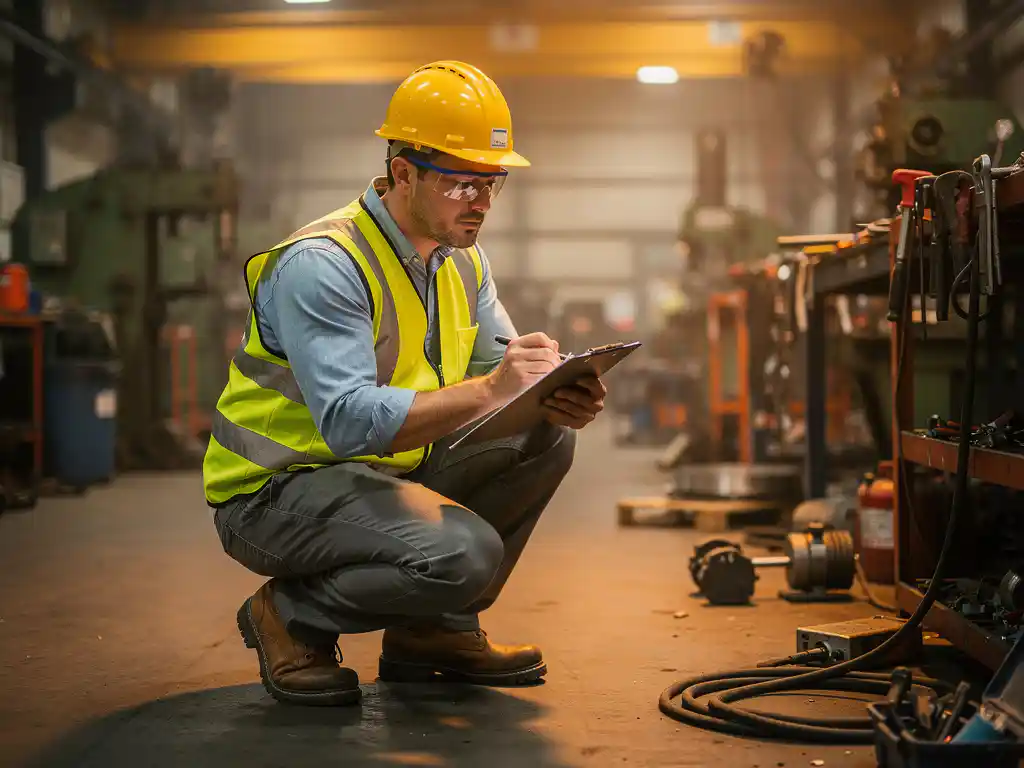 Safety inspector in high-visibility vest crouching to review clipboard on active industrial warehouse floor with tools in background.