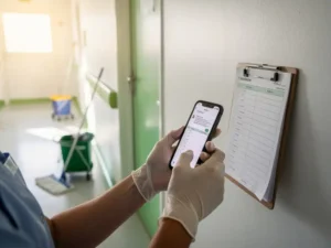 Schoonmaakmedewerker met handschoenen fotografeert controlelijst op klembord in ziekenhuisgang met smartphone, reinigingstrolley op achtergrond.