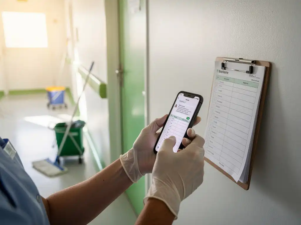 Schoonmaakmedewerker met handschoenen fotografeert controlelijst op klembord in ziekenhuisgang met smartphone, reinigingstrolley op achtergrond.