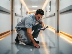 Facilitaire medewerker in wit uniform inspecteert glanzende ziekenhuisvloer met klembord, felle tl-verlichting in moderne zorgcorridor.