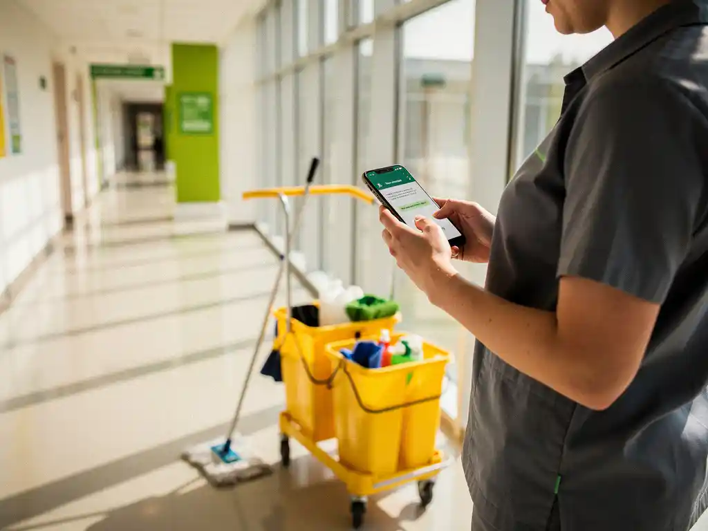 Nieuwe schoonmaakmedewerker in verlichte hal leest WhatsApp-bericht op smartphone, met mop en gele reinigingskar op de achtergrond.