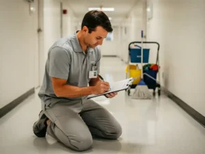 Schoonmaakmedewerker vult inspectielijst in op klembord in ziekenhuisgang, met dweilkar op achtergrond.