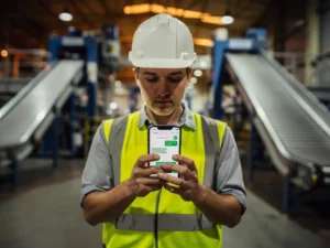 Seasonal factory worker in safety vest and hard hat reading a WhatsApp message on a smartphone amid industrial machinery.