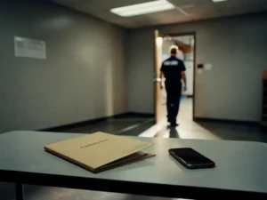 Temporary warehouse worker walking toward an open exit door, leaving an empty onboarding folder and smartphone on a break room table.
