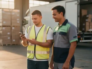 Temporary warehouse worker reading onboarding message on smartphone beside a colleague at a busy logistics loading dock.