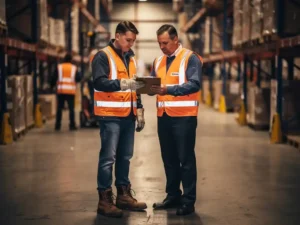 Temporary worker in high-visibility vest reviewing safety briefing on clipboard with supervisor on active warehouse floor.