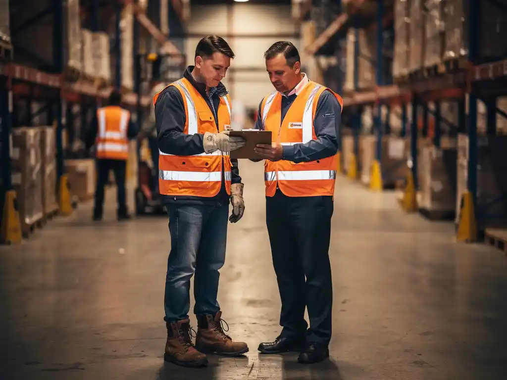 Temporary worker in high-visibility vest reviewing safety briefing on clipboard with supervisor on active warehouse floor.