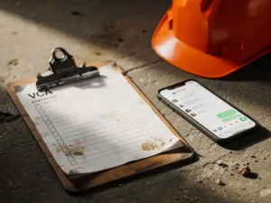 Versleten VCA-veiligheidsklembord naast smartphone met WhatsApp op betonnen werkvloer, oranje helm op de achtergrond.