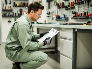 Fabrieksmedewerker inspecteert klembordchecklist bij werkstation in nette industriële omgeving met veiligheidsuitrusting op achtergrond.
