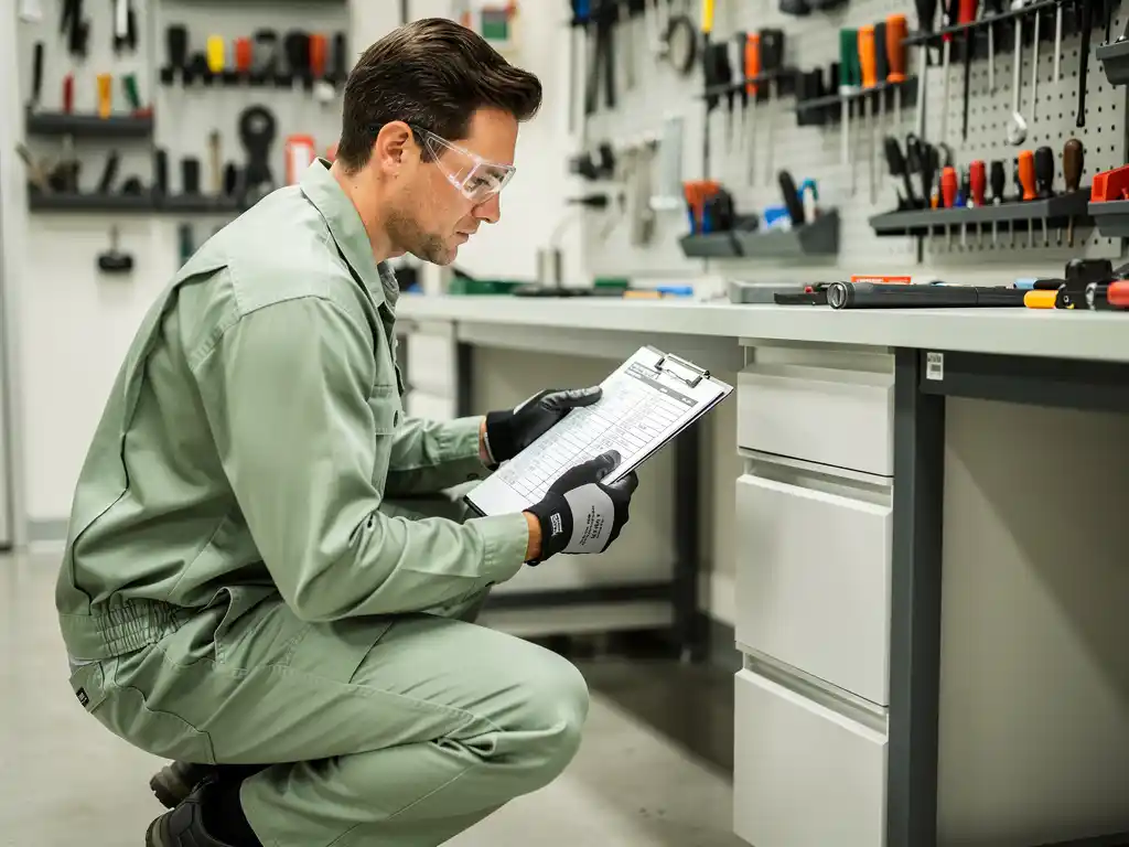 Fabrieksmedewerker inspecteert klembordchecklist bij werkstation in nette industriële omgeving met veiligheidsuitrusting op achtergrond.