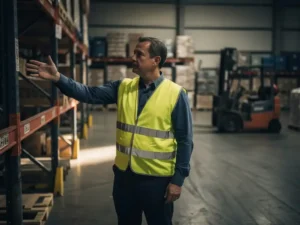 Tijdelijke medewerker in veiligheidsvest ontvangt veiligheidsinstructie van supervisor op drukke magazijnvloer.