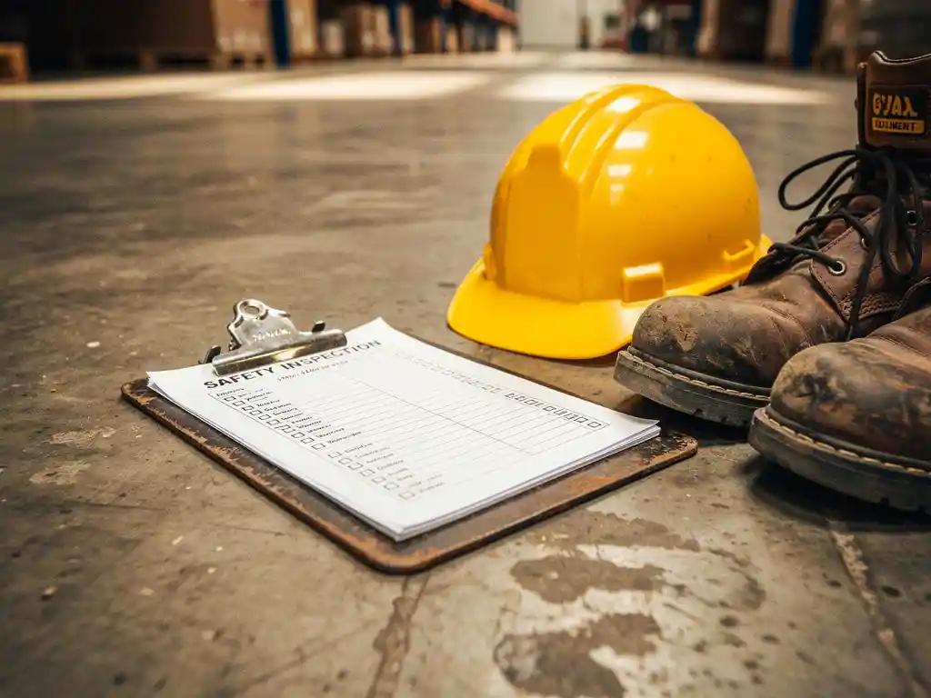 Versleten metalen klembord met veiligheidsinspectiechecklist op betonvloer naast gele bouwhelm en veiligheidsschoenen in industrieel magazijn.