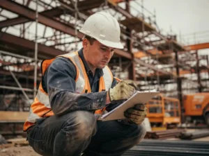 Veiligheidsinspecteur met helm en hesje controleert checklist op klembord bij actieve bouwplaats met steigers op achtergrond.