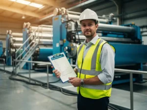 Veiligheidsinspecteur met klembord en checklist naast industriële machines in Nederlandse productiefaciliteit.