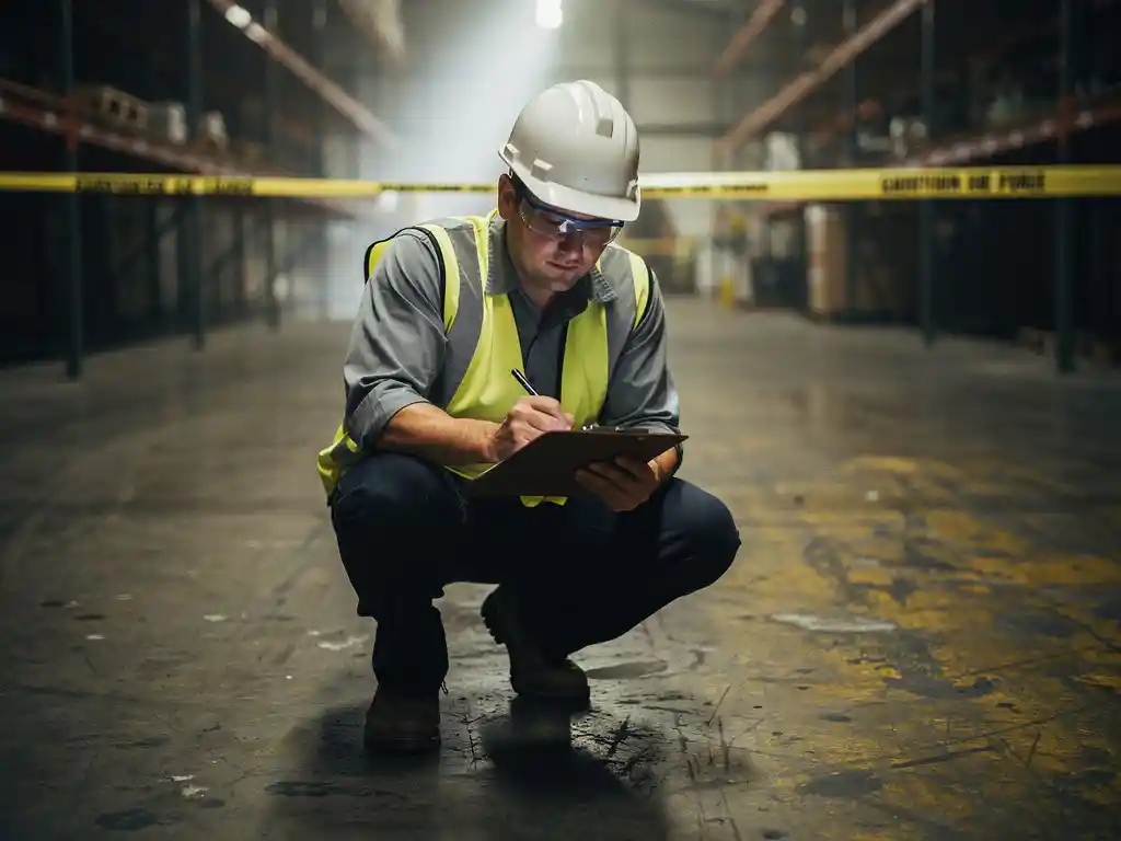 Veiligheidsinspecteur hurkt op industriële magazijnvloer en documenteert gevaar op klembord, gele waarschuwingstape op achtergrond.