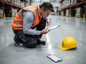 Veiligheidsinspecteur in oranje hesje inspecteert industriële betonvloer met klembord, helm en smartphone met checklist in magazijn.