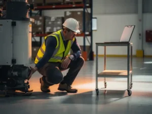 Veiligheidsinspecteur in oranje hesje inspecteert industriële apparatuur in Nederlands magazijn, klembord op metalen schap.