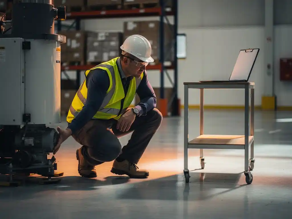 Veiligheidsinspecteur in oranje hesje inspecteert industriële apparatuur in Nederlands magazijn, klembord op metalen schap.