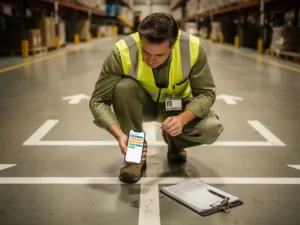Veiligheidsinspecteur in fluohesje inspecteert vloermarkeringen in magazijn met smartphone en klembord.