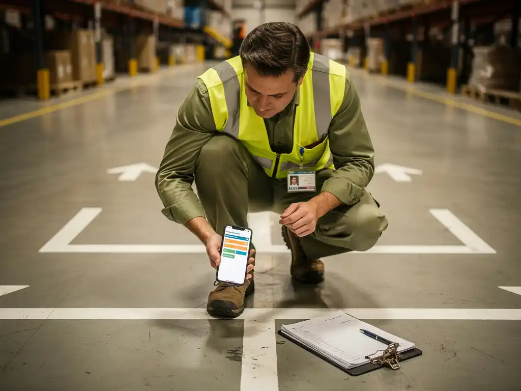 Veiligheidsinspecteur in fluohesje inspecteert vloermarkeringen in magazijn met smartphone en klembord.