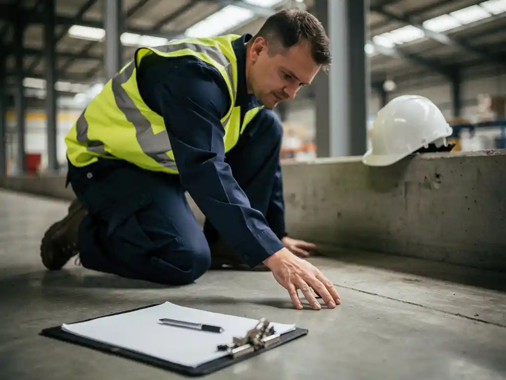 Veiligheidsinspecteur in geel hesje inspecteert industriële vloer met klembord, harde hoed op betonnen richel op de achtergrond.