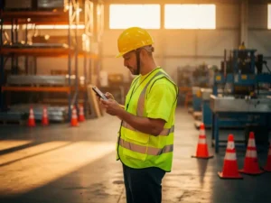 Medewerker in veiligheidsvest controleert checklist op smartphone op fabriekswerkvloer met industriële apparatuur en veiligheidskegels.
