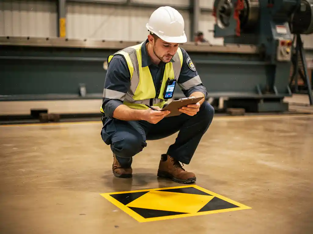 Veiligheidsinspecteur inspecteert gele gevaarmarkering op industriële fabrieksvloer met klembord in hand.