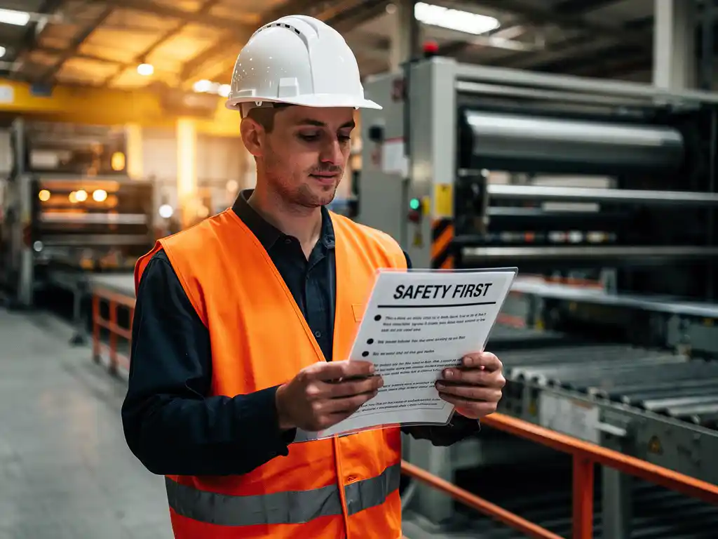 Nieuwe productiemedewerker met helm en veiligheidsvest leest gelamineerde veiligheidsinstructies op een actieve fabriekswerkvloer.