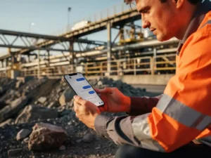 Veldwerker in oranje veiligheidsvest hurkt op industriële locatie en bekijkt WhatsApp op smartphone, stalen infrastructuur op achtergrond.