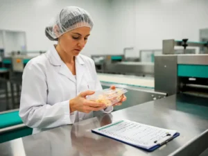 Voedselproductiemedewerker in witte jas en haarnet inspecteert verpakking op roestvrijstalen productielijn met hygiënechecklist.