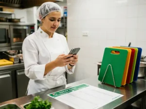 Nieuwe horecamedewerker in witte uniform bestudeert HACCP-training op smartphone naast kleurgecodeerde snijplanken in commerciële keuken.