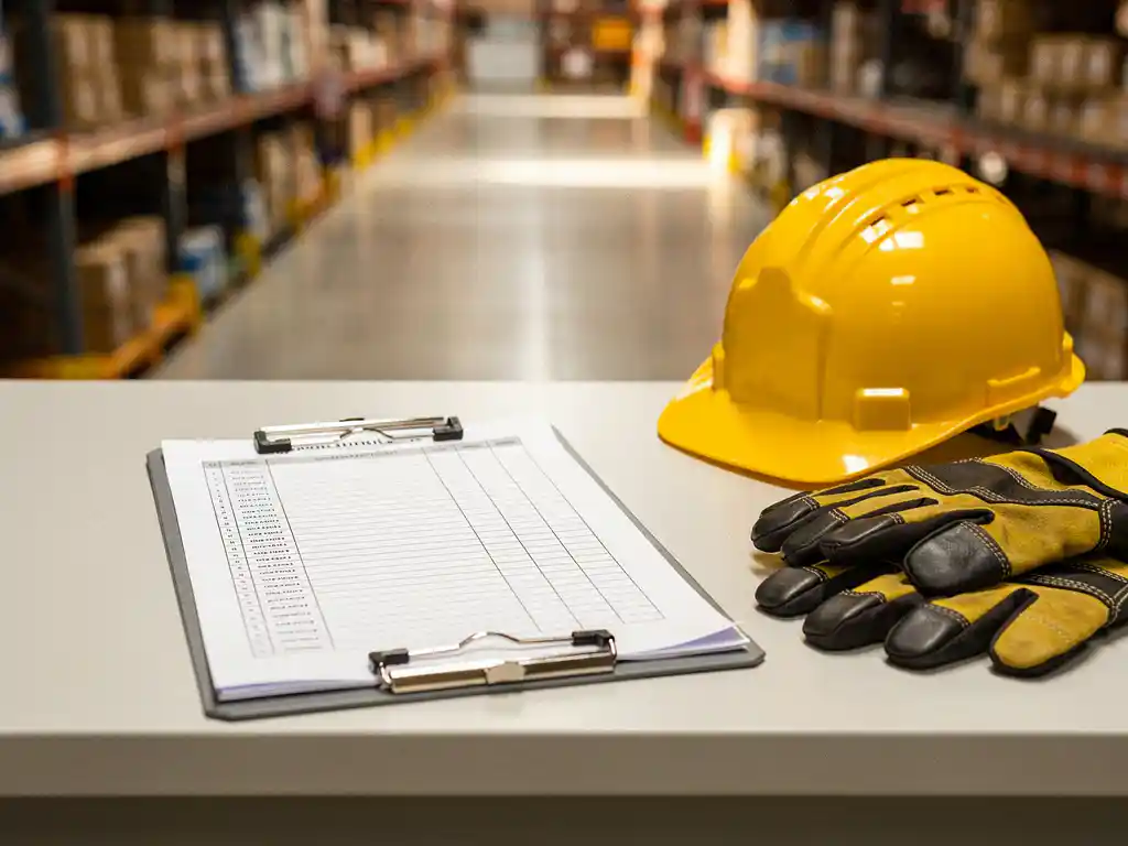 Clipboard with inspection checklist on industrial workbench beside a yellow hard hat and safety gloves, warehouse aisle in background.